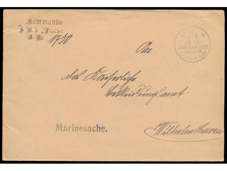 Stempel  MSP No. 47  8.11.07,  S.M.S. Panther  in Duala, Dienstbrief "Marinesache" mit Absenderstempel und Dienstsiegel "Komm