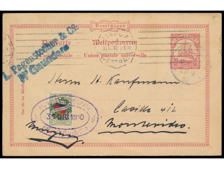 Ganzsache 10 Pf.  nach Montevideo / Uruguay,  geschrieben in N'Gaundere am 4.9.1910 und Absenderstempel "L. Pagenstecher &amp