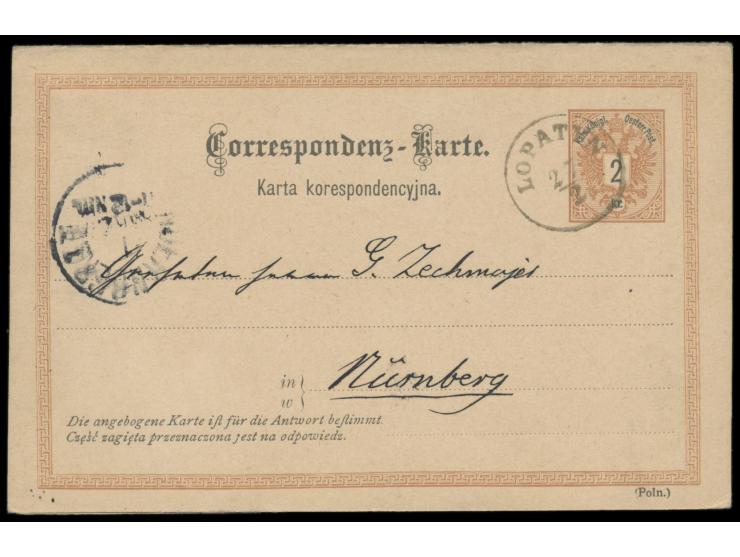 seltene Ganzsachen-Doppelkarte 2 Kr. "Doppeladler" mit Zierumrandung (Ausgabe 1890), Stempel  Lopatyn  27.2., Ankunftstempel 