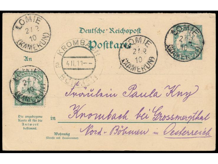 Stempel  Lomie  2.12.10, vier Abschläge auf Ganzsachen-Doppelkarte 5 Pf. mit Zusatzfrankatur 5 Pf. nach Österreich, Ankunftst