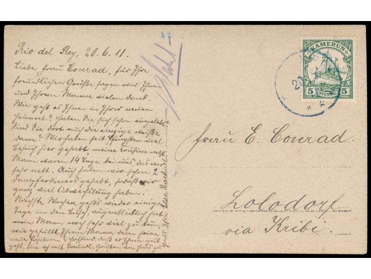 Foto-Ansichtskarte von  Rio del Rey  (Privataufnahme der Flusseite), dort auch geschrieben am 20.6.11, Frankatur 5 Pf., undeu