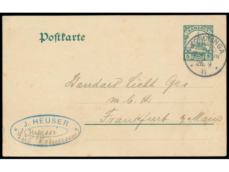 Stempel  Akonolinga  26.9.11 auf Ganzsache 5 Pf. nach Frankfurt, geschrieben in  Njassi  24.9.11, Absenderstempel "J. Heuser"