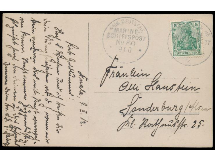 Stempel  MSP No. 80  9.10.12,  S.M.S. Eber  vor Duala, Foto-Ansichtskarte (Gruppenfoto, Privataufnahme), Frankatur Dt. Reich 