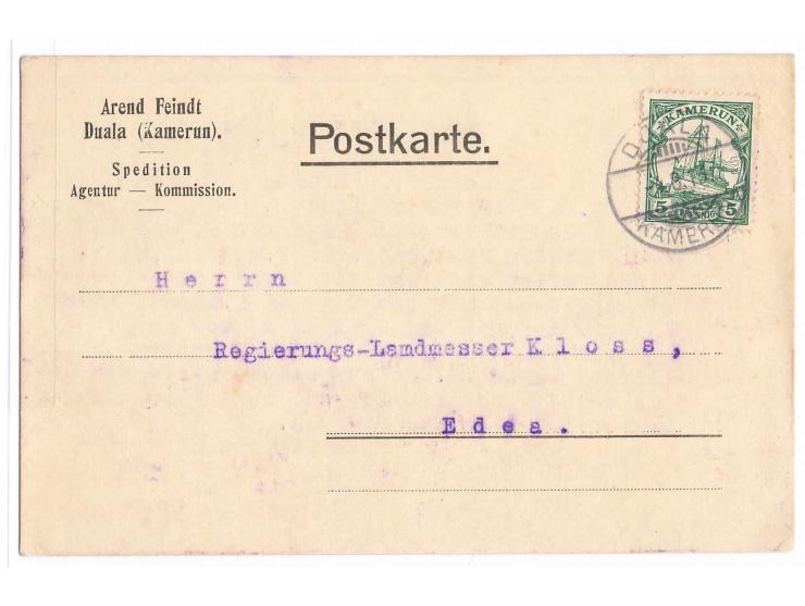 5 Pf. auf Firmen-Postkarte mit vorderseitigem Absendereindruck "Arend Feindt, Duala ...", Gitterstempel  Duala  4.8.1, nach E