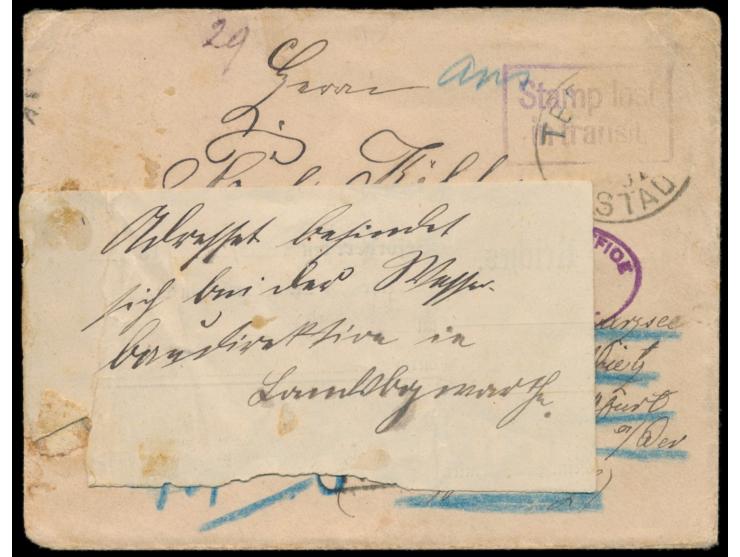 Brief mit Stempel &nbsp;Teplitz &nbsp;1891 &nbsp;nach New York bei Vietz &nbsp;(Reg. Bez. Frankfurt / Oder), irrtümlich nach 