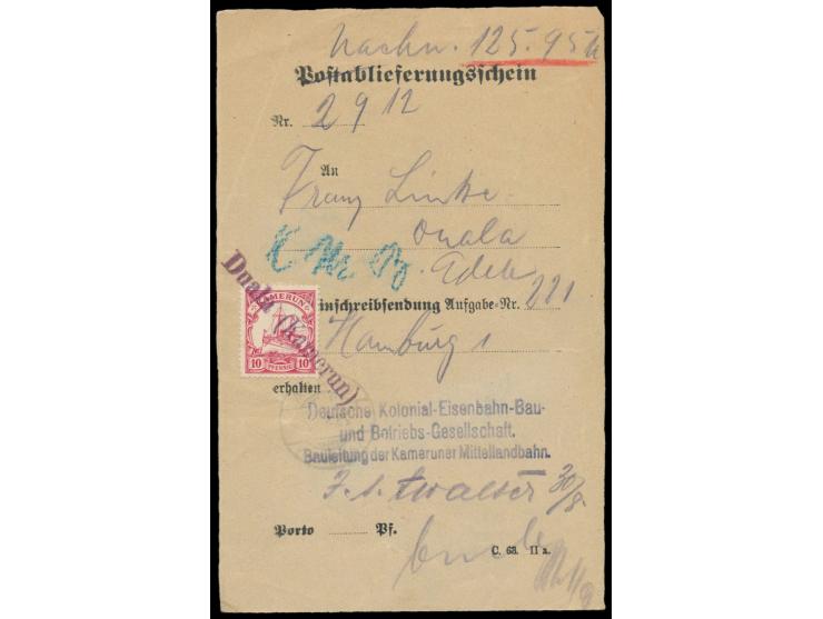 10 Pf. vorderseitig auf  Postablieferungsschein  (Formular C. 63. II a.) als  Einziehungsgebühr  für einen Nachnahme-Einschre