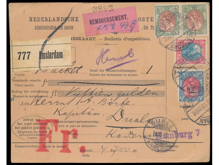 Nachnahme-Paketkarte  aus den  Niederlanden  für ein Paket nach Kamerun, Frankatur Königin Wilhelmina 15 C., 25 C. und 2 x 50