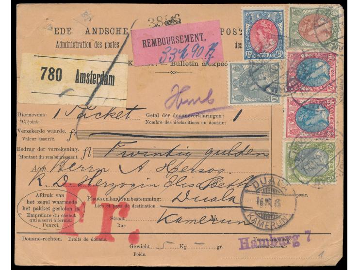 Nachnahme-Paketkarte  aus den  Niederlanden  für ein Paket nach Kamerun, Frankatur Königin Wilhelmina 10 C., 15 C., 20 C., 25