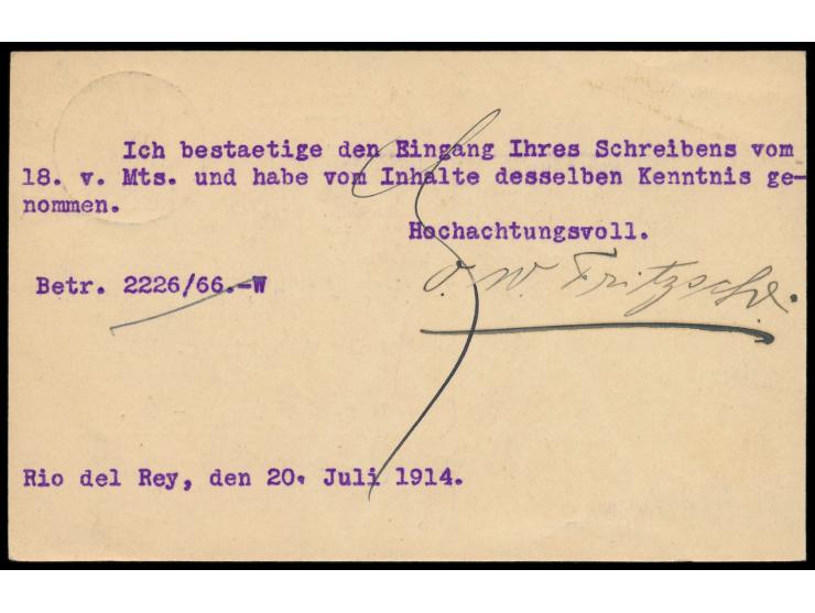 Ganzsache 5 Pf., geschrieben in Rio del Rey 20.7.1914, Stempel  Bibundi  27.7.14, nach Dresden. Der letzte Friedenspostabgang