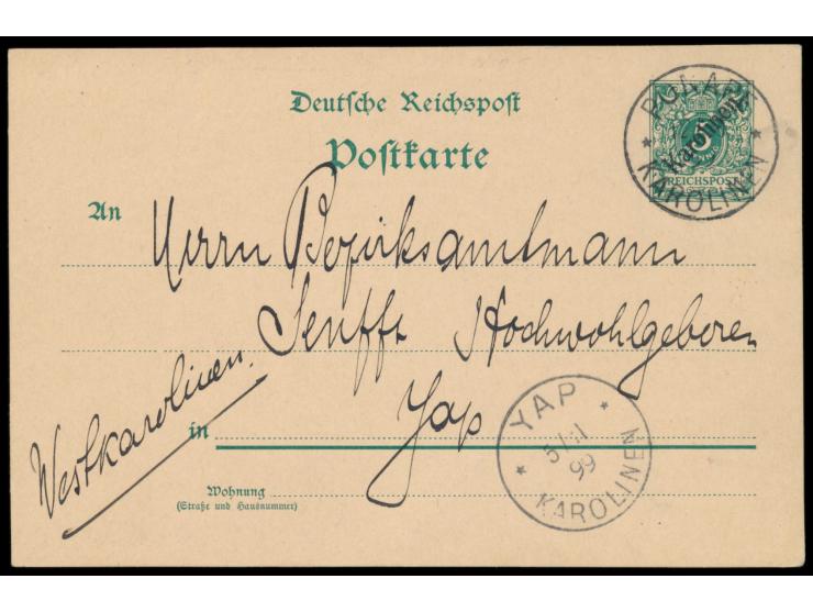 Ganzsache 5 Pf. mit Stempel  Ponape  12.10.99, Tag der Übernahme in deutsche Verwaltung und  Ersttag  der Postagentur, an Bez