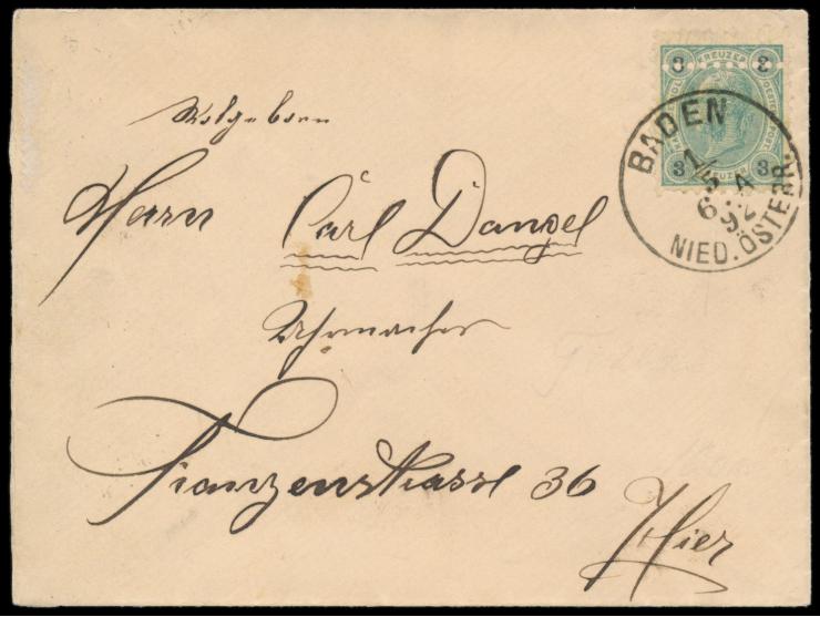 Ausgabe 1890 3 Kr. mit Zähnung L 10 mit waagerechter  Doppelzähnung L 10  auf Ortsbrief, Stempel  Baden Nied. Österr.  1.5.92