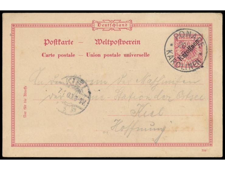 Ganzsache 10 Pf. mit Stempel &nbsp;Ponape &nbsp;20.10.99 nach Kiel, Ankunftstempel 7.1.00, geschrieben von einem Besatzungsmi