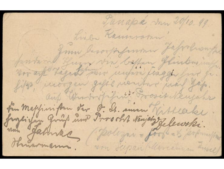 Ganzsache 10 Pf. mit Stempel &nbsp;Ponape &nbsp;20.10.99 nach Kiel, Ankunftstempel 7.1.00, geschrieben von einem Besatzungsmi