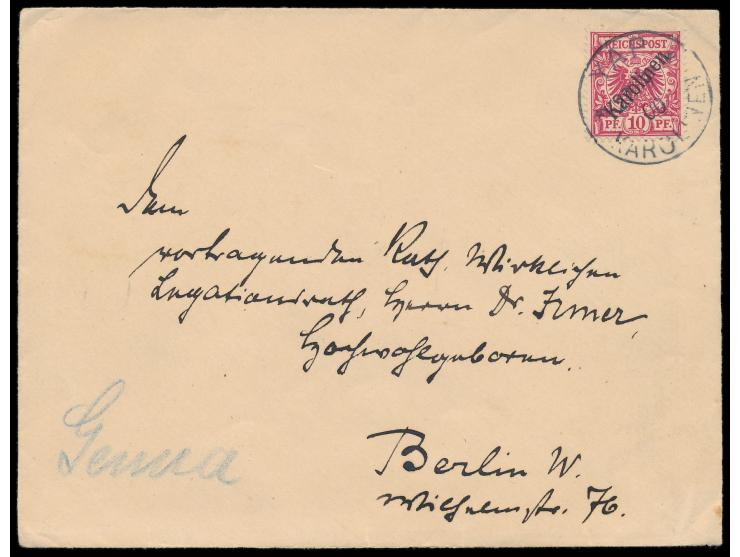 10 Pf. mit diagonalem Aufdruck auf Brief mit Stempel &nbsp;Yap &nbsp;27.9.00 nach Berlin, rückseitig Dienstsiegel &nbsp;Kaise