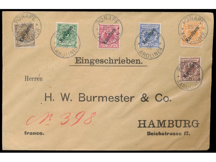 kompletter Aufdruck-Satz 3 bis 50 Pf. auf  Einschreibbrief  mit gedruckter Adresse nach Hamburg, Stempel  Ponape  25.12.00, h