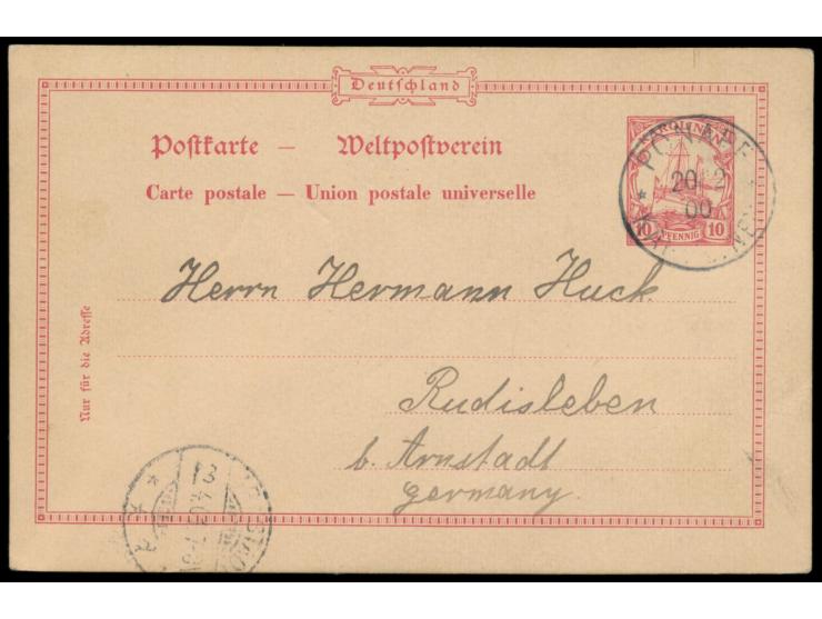 Ganzsache 10 Pf. mit Stempel  Ponape  20.12.00 nach Deutschland, geschrieben in Ponape am 2.1.1901 von Arno Huck, Ankunftstem