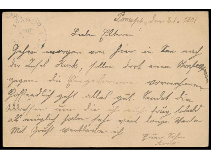 Ganzsache 10 Pf. mit Stempel  Ponape  20.12.00 nach Deutschland, geschrieben in Ponape am 2.1.1901 von Arno Huck, Ankunftstem