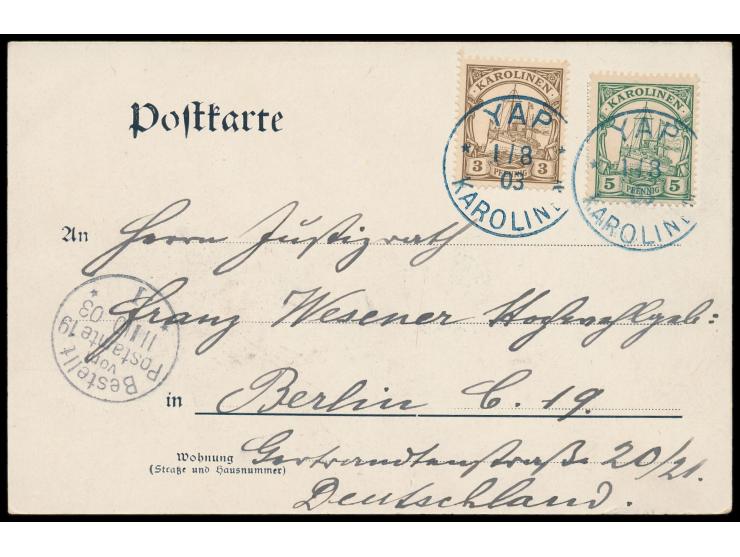 Zweibild-Ansichtskarte  "Gruss aus Yap"  - Eingeborener / Panorama von Yap, Frankatur 3 Pf. und 5 Pf., Stempel  Yap   1.8.03,