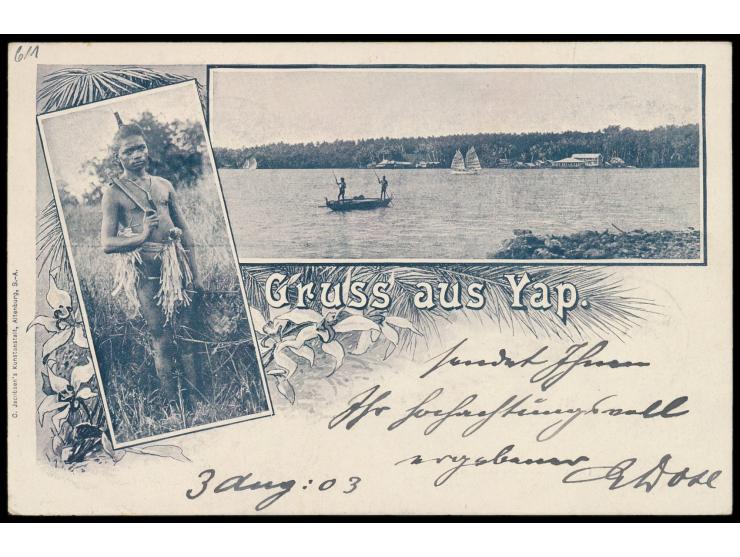 Zweibild-Ansichtskarte  "Gruss aus Yap"  - Eingeborener / Panorama von Yap, Frankatur 3 Pf. und 5 Pf., Stempel  Yap   1.8.03,