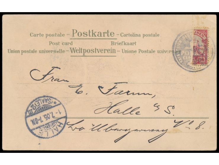 1905:  Halbierung  10 Pf. (rechte Hälfte) mit  Dienstsiegel-Entwertung  KDPAg Ponape auf mehrfarbiger Ansichtskarte (Sturmsch