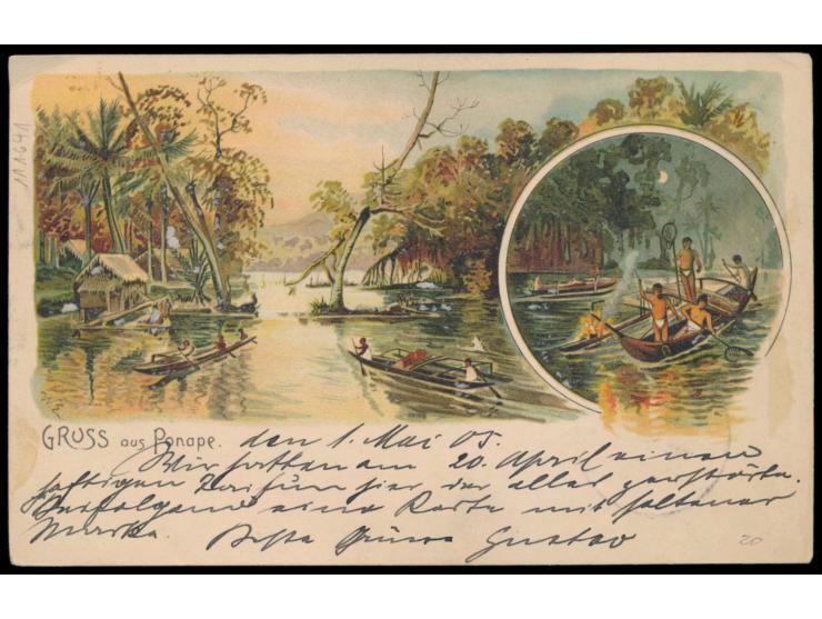 1905:  Halbierung  10 Pf. (rechte Hälfte) mit  Dienstsiegel-Entwertung  KDPAg Ponape auf mehrfarbiger Ansichtskarte (Sturmsch