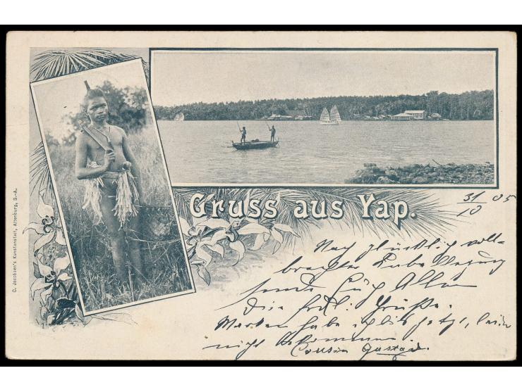 Zweibild-Ansichtskarte  "Gruss aus Yap"  - Eingeborener / Panorama von Yap, Frankatur 5 Pf., Stempel  Yap   24.11.05, nach Ge
