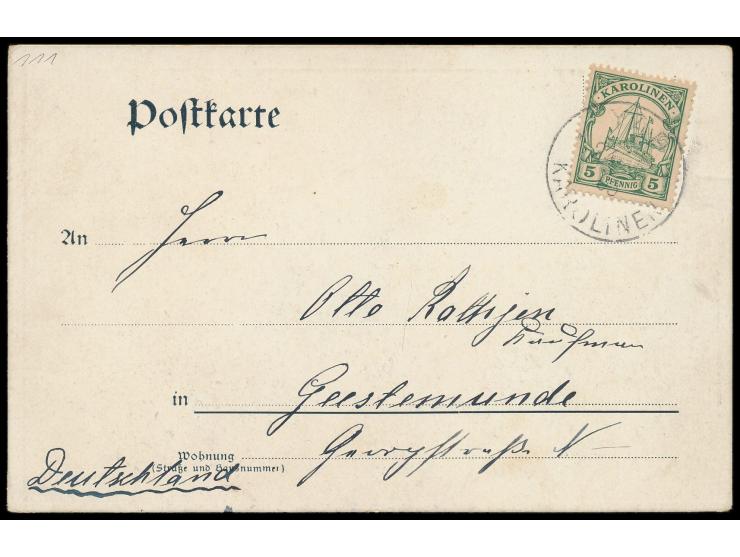 Zweibild-Ansichtskarte  "Gruss aus Yap"  - Eingeborener / Panorama von Yap, Frankatur 5 Pf., Stempel  Yap   24.11.05, nach Ge