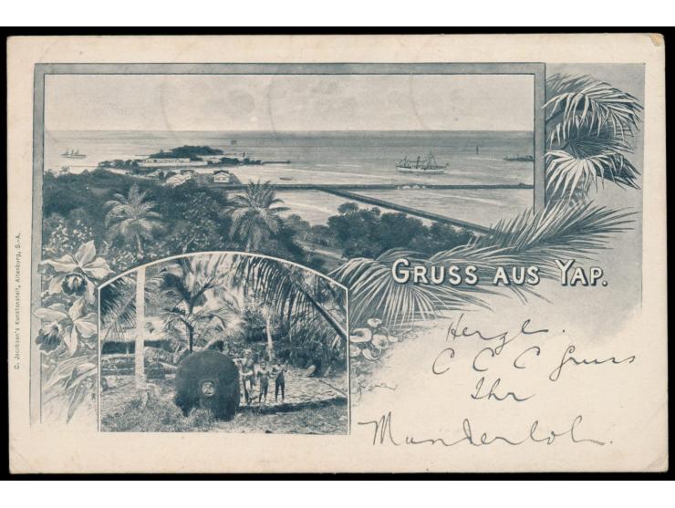 4 x 3 Pf. mit Stempel Yap 5.5.06 auf Zweibild-Ansichtskarte "Gruss aus Yap" als Drucksache nach Wien