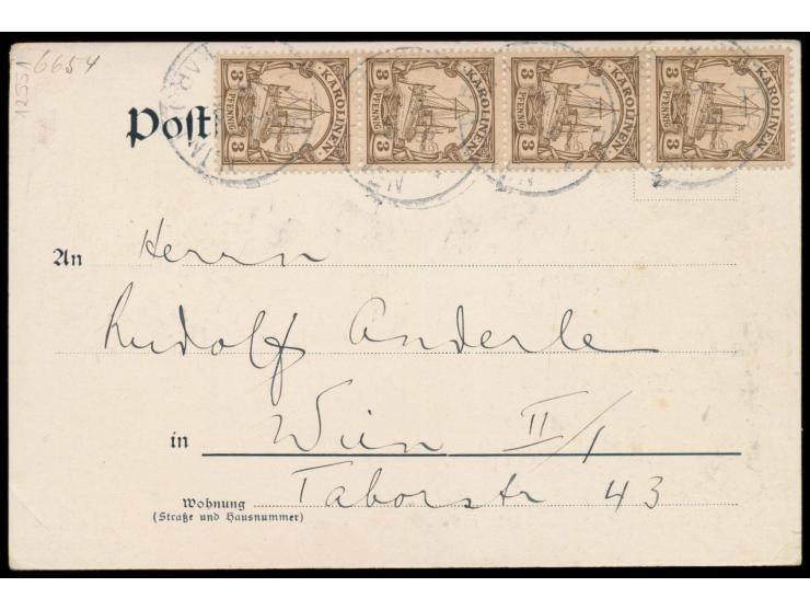 4 x 3 Pf. mit Stempel Yap 5.5.06 auf Zweibild-Ansichtskarte "Gruss aus Yap" als Drucksache nach Wien