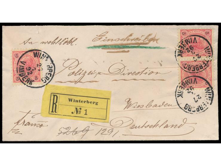 3 x 5 Kr. (Ausgabe 1890) auf  Reko-Brief  mit Stempel  Winterberg / Vimberk  27.7.92, ungezähnter  R-Zettel für Postmeisteräm