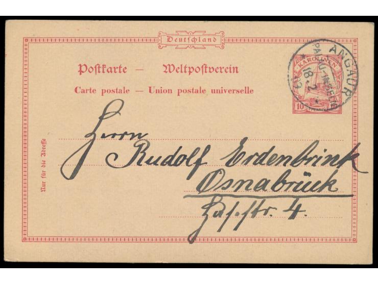 Stempel  Angaur / Palau-Inseln  18.2.09 auf Ganzsache 10 Pf. nach Osnabrück,  Eröffnungstag der Postagentur,  Schreiber der K