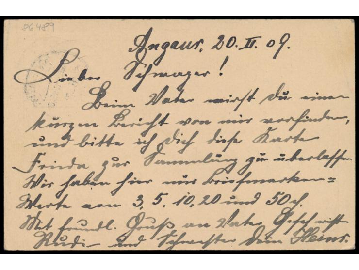 Stempel  Angaur / Palau-Inseln  18.2.09 auf Ganzsache 10 Pf. nach Osnabrück,  Eröffnungstag der Postagentur,  Schreiber der K