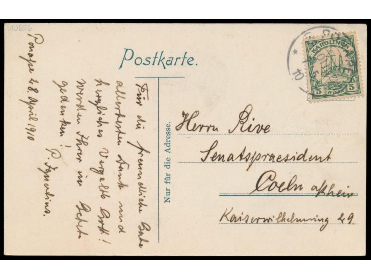 Ansichtskarte "Lap en Not. Ein hervorragender kathol. Häuptling mit Frau.", Frankatur 5 Pf., Stempel  Ponape  7.5.10, nach Kö