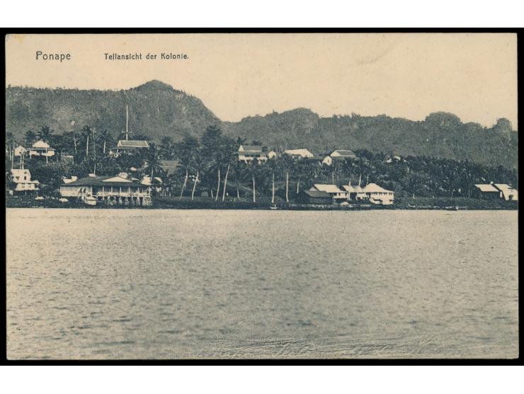Ansichtskarte  Ponape - Teilansicht der Kolonie,  Frankatur 5 Pf., 3 x Stempel Ponape 30.4.11 übereinander abgeschlagen, nach