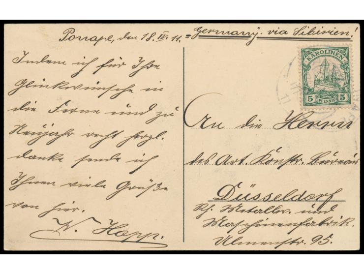 Ansichtskarte  Ponape - Teilansicht der Kolonie,  Frankatur 5 Pf., 3 x Stempel Ponape 30.4.11 übereinander abgeschlagen, nach