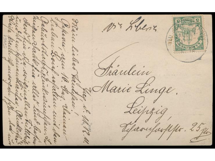 Foto-Ansichtskarte mit Neujahrsgruß, Jugendstilzierrahmen und Insulanern, Frankatur 5 Pf., in Teilen undeutlicher Stempel Deu