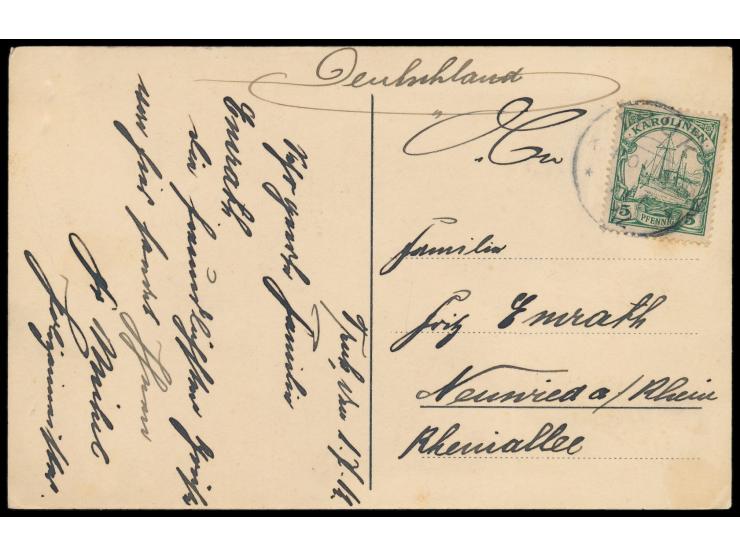 Stempel  Truk  7.7.12 auf Ansichtskarte  Ponape - Teilansicht der Kolonie,  Frankatur 5 Pf. (kleiner Fleck), nach Neuwied, Ab