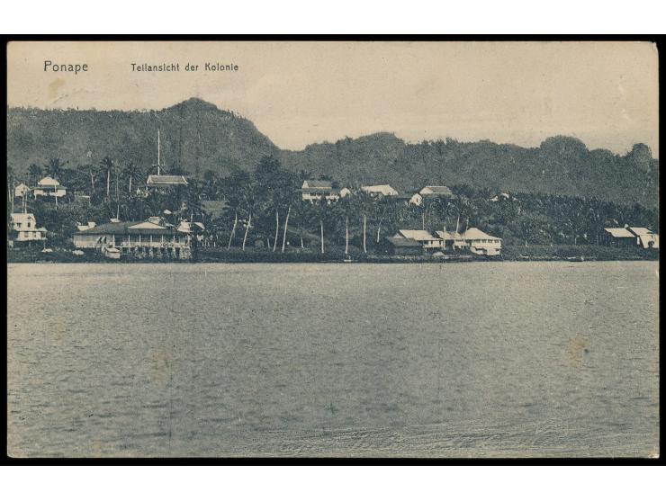 Stempel  Truk  7.7.12 auf Ansichtskarte  Ponape - Teilansicht der Kolonie,  Frankatur 5 Pf. (kleiner Fleck), nach Neuwied, Ab