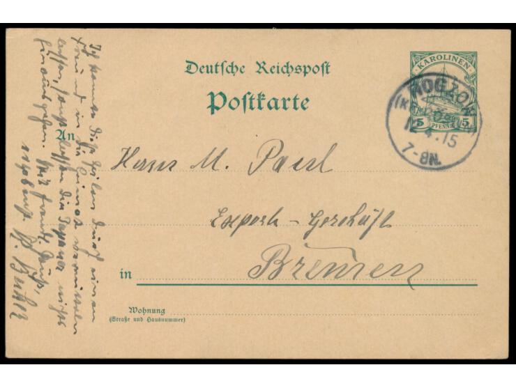 Kriegspost, &nbsp;Ganzsache 5 Pf., geschrieben &nbsp;&quot;Truk, Ost-Karolinen, den 31. Jan. 1915&quot; , adressiert nach Bre