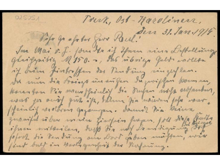 Kriegspost, &nbsp;Ganzsache 5 Pf., geschrieben &nbsp;&quot;Truk, Ost-Karolinen, den 31. Jan. 1915&quot; , adressiert nach Bre