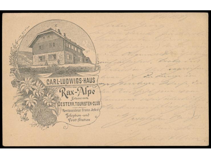 Ganzsache 2 Kr. Kaiser Franz Joseph (1897) mit rückseitigem  Bildzudruck "Carl-Ludwig-Haus - Rax-Alpe ..." , Postablagestempe