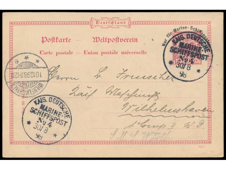 Stempel  MSP No. 4  30.8.98,  S.M.S. Irene  in Tsingtau, 2 klare Abschläge auf MSP-Ganzsache nach Wilhelmshaven, Ankunftstemp