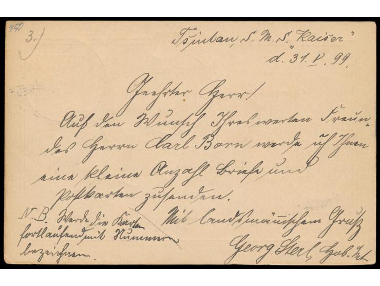 Stempel  MSP No. 1  3.6.99,  S.M.S. Kaiser  während der Liegezeit in Tsingtau, zwei Abschläge auf MSP-Ganzsache nach Leipzig,