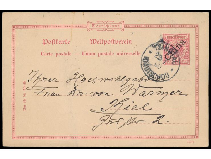 Ganzsache Dt. Post in China 10 Pf.  mit rückseitigem  Textzudruck "Gruss aus Tsintau"  und mehrfarbiger chinesischer  Tuschez