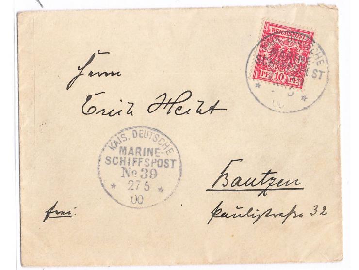 Stempel MSP No. 39 27.5.00, S.M.S. Hertha während der Liegezeit in Tsingtau, zwei Abschläge auf Brief mit Dt. Reich 10 Pf. na