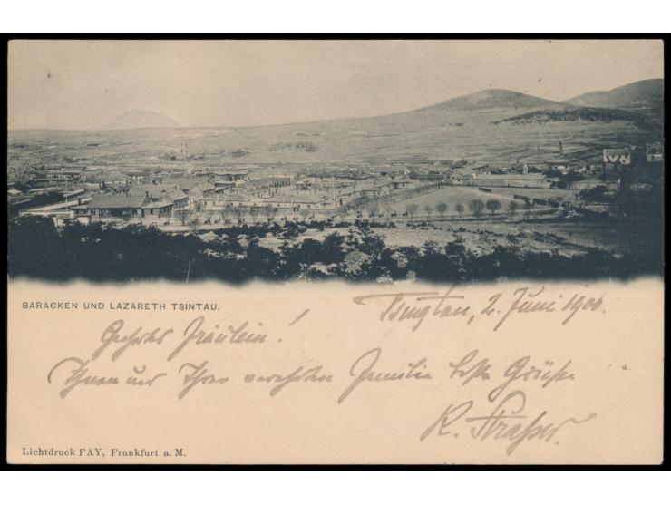 Ansichtskarte  Baracken und Lazareth Tsingtau,  Verlag Fay, Frankfurt/M., Mitläufer-Frankatur DP China 5 Pf., Stempel  Tsingt