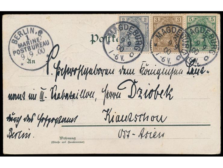Ansichtskarte mit Dt. Reich 2, 3 und 5 Pf. aus Magdeburg vom 9.9.00, an einen Leutnant im III. Seebataillon, Durchgangsstempe