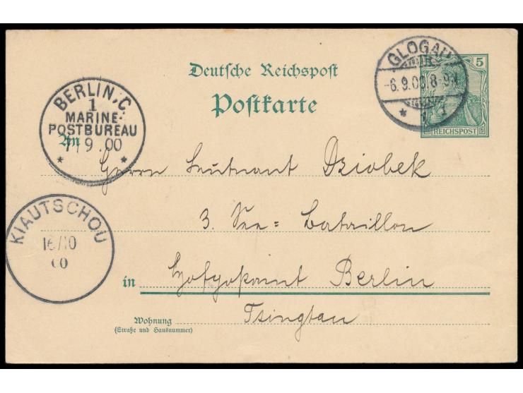 großer K1  Kiautschou  16.10.00 als Ankunftstempel auf Ganzsache 5 Pf. aus Glogau 6.9.00 an einen Leutnant im III. Seebataill