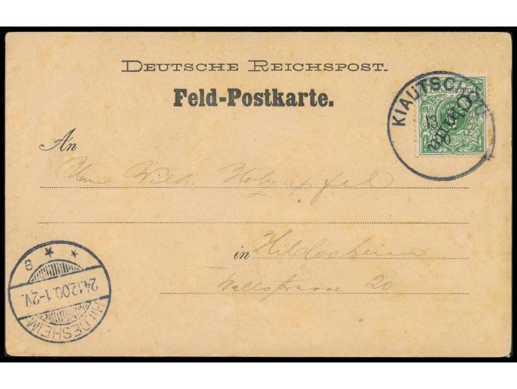 großer Stempel  Kiautschou  13.11.00 auf Feldpost-Vordruckkarte mit Deutsche Post in China 5 Pf. nach Hildesheim, als Entwert