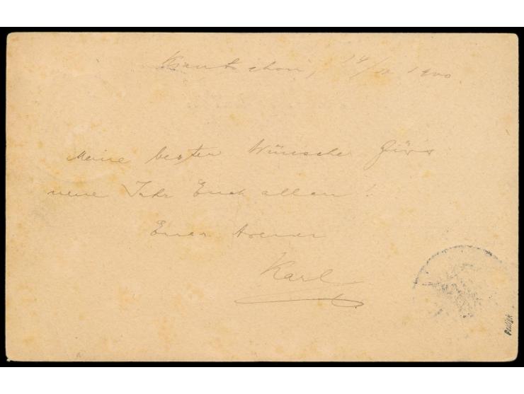 großer Stempel  Kiautschou  13.11.00 auf Feldpost-Vordruckkarte mit Deutsche Post in China 5 Pf. nach Hildesheim, als Entwert